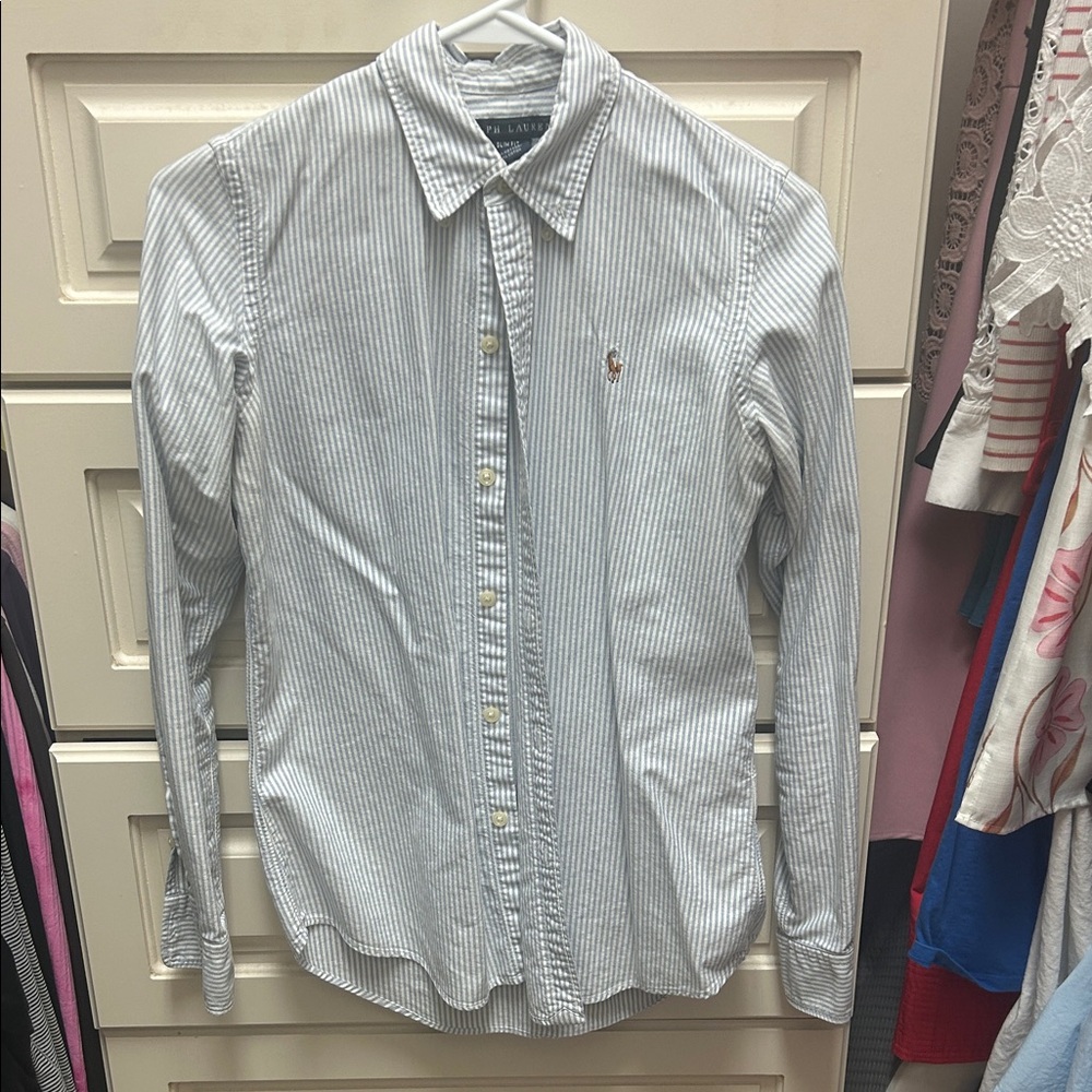 Polo by Ralph Lauren Women’s slim fit White and Blue Pinstripe Shirt